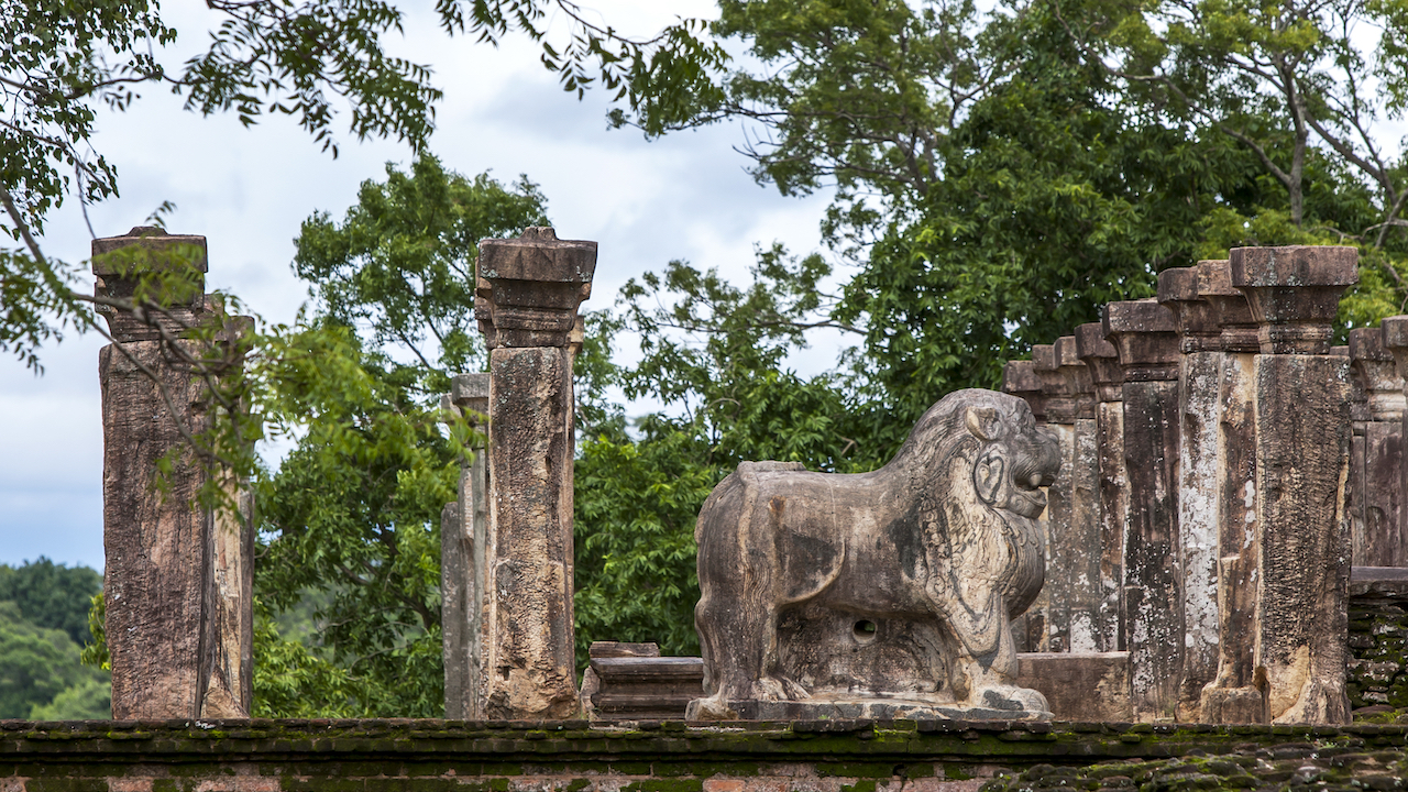 The lion statue within the council chamber of King Nissankamamalla, Polonnaruwa, Sri Lanka. 1187 indicated