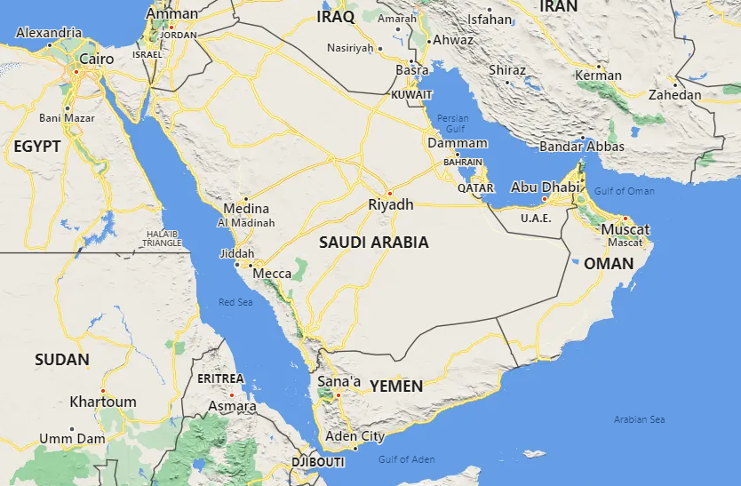 Hartă Peninsula Arabică c. Google Maps